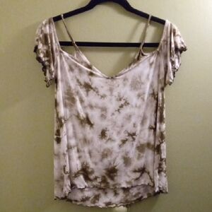 Womans S American Eagle Outfitters Ruffled Cap Sleeve Blouse in Cream and Brown